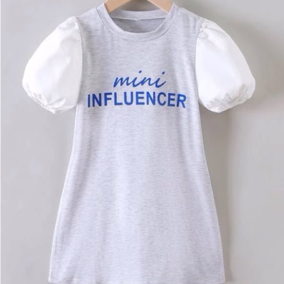 Shein -Girls Letter Graphic Contrast Lantern Sleeve Dress - Picture 1 of 5